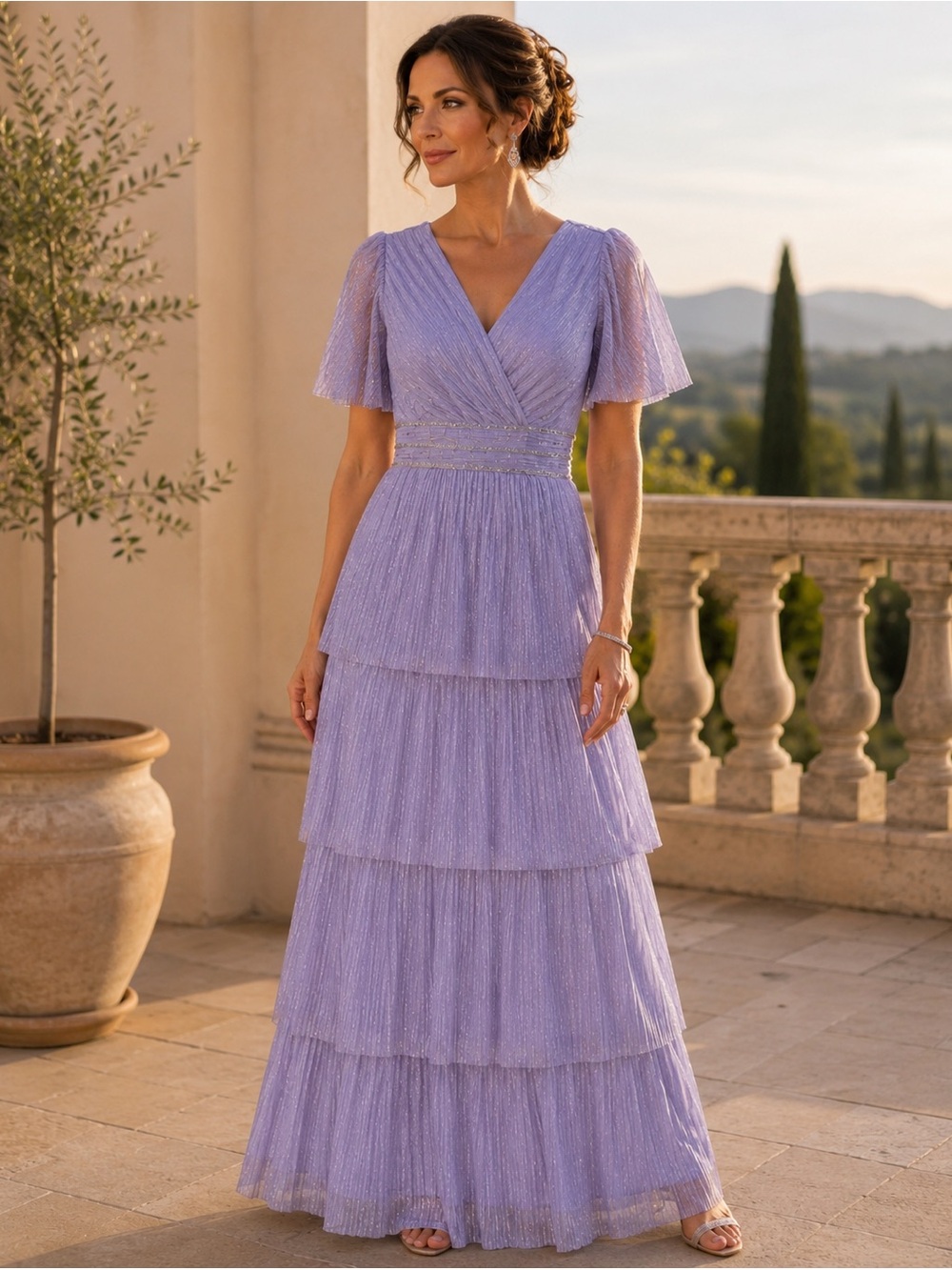 R&M Richards Lilac Tiered Pleated Evening Gown with Metallic Thread